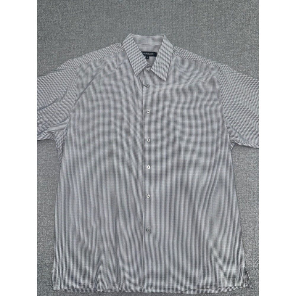 NWT Bassiri Large L /XL. Button Down Shirt Black White Micro Grid Short Sleeve